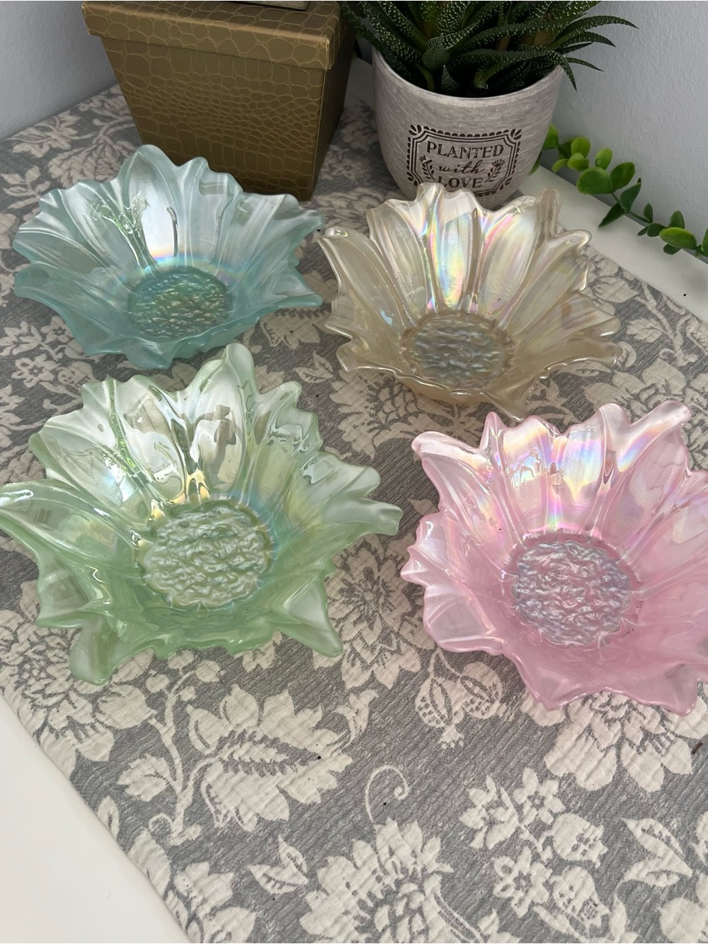 Iridescent Vintage Glass Flower Bowls - Set of 4 (Blue, Beige, Green, Pink)